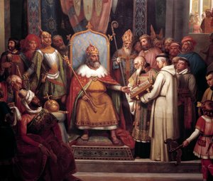 Charlemagne entouré de ses principaux officiers, reçoit Alcuin, qui introduit des manuscrits, une œuvre de ses moines en 781 (détail)
