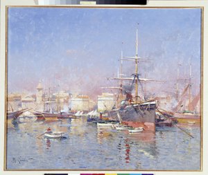 Goélette ancrée dans le Vieux-Port de Marseille Peinture de Jules Marcel Lenoir (1872-1931) 20ème siècle Mention obligatoire : Collection fondation regards de Provence, Marseille