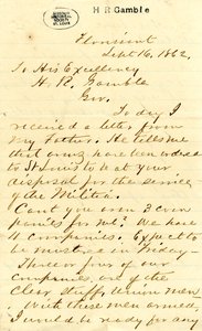 Lettre signée Julian Bates, Florissant, à Son Excellence H.R. Gamble, 16 septembre 1862 - Julian Bates