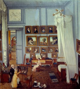 Vue intérieure de la résidence du chevalier Pradel de Saint Charles Un grand lit à baldaquin orne la pièce utilisée comme atelier. Un enfant joue et une jeune femme est devant un piano - Julie Pradel
