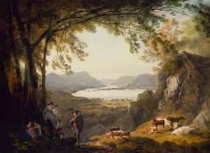 Paysans se reposant avec du bétail dans un paysage boisé
