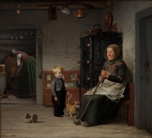 Une femme pauvre attendant une chope de bière dans une maison paysanne - Julius Exner
