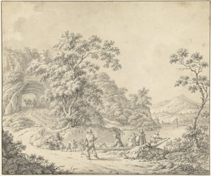 Paysage avec un petit bateau et un berger avec son troupeau