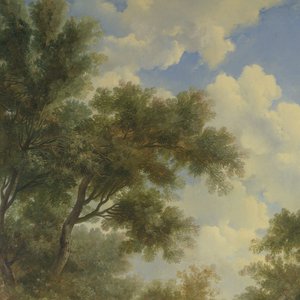 Paysage arcadien avec un temple à gauche et un vieil homme assis au premier plan