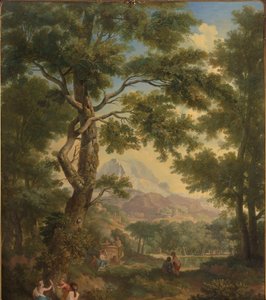 Paysage arcadien avec des enfants avec un oiseau et un chien