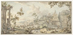Projet pour une peinture murale avec paysage côtier du sud et pyramide