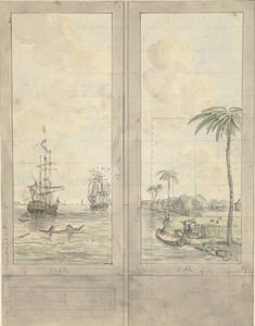 Conception pour deux panneaux de papier peint : rivière avec bateaux dans les colonies - Jurriaan Andriessen