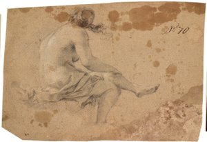 Modèle féminin assis partiellement de dos avec la jambe gauche, soutenue par le bras droit, sur le genou droit et avec un drapé lâche autour du bas du corps - KKSgb5537 Ubekendt