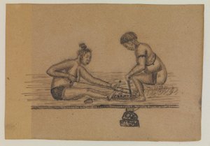 Illustration pour une légende inuit (deux personnes nues faisant du feu) - Kaarale Andreassen