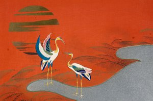 Oiseaux au coucher du soleil sur le lac - Kamisaka Sekka