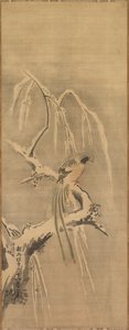 Oiseau chinois sur une branche enneigée