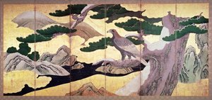 Les faucons dans les pins, paravent à 6 panneaux (encre et couleur, or sur panneau)