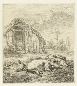 Trois cochons devant une cabane (Animaux) - Karel Du Jardin