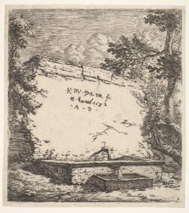 Frontispice avec fontaine à étages, un mur de pierre avec un bec verseur d