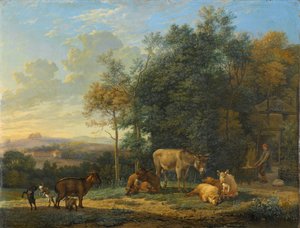 Paysage avec deux ânes, chèvres et cochons