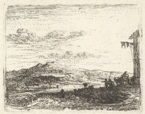 Paysage avec coin de bâtiment et auvent à l