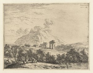 Paysage avec ruine et deux hommes avec un chien