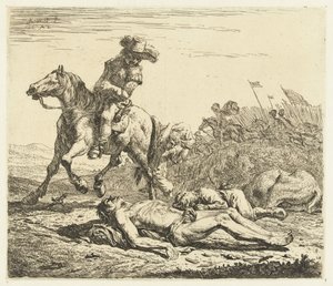 Champ de bataille avec soldat à cheval et deux morts - Karel Du Jardin