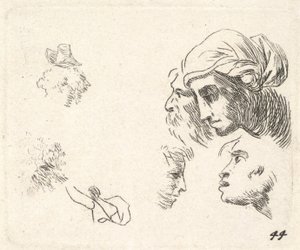 Étude de têtes en vue de profil, une femme avec un foulard et un homme barbu, vers 1641-78