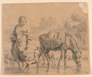 La paysanne et le muletier traversant un ruisseau - Karel Du Jardin