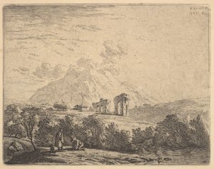Vue de la colline avec des ruines, un aqueduc et un éperon rocheux au-delà, au premier plan un m..., 1658