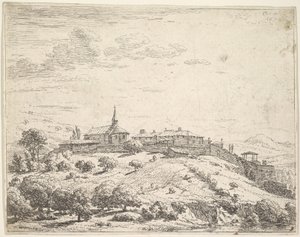 Village fortifié sur une colline, avec une église à gauche et des bâtiments construits sur la pente..., 1658 - Karel Du Jardin