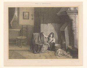Intérieur avec une fille près du berceau
