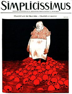 La couverture du magazine allemand Simplicissimus (circa ) représente Churchill et une rivière de sang et de crânes. c.1940 (lithographie) - Karl Arnold