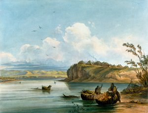 Femmes amérindiennes Mandan traversant le fleuve Missouri sur des bateaux en peau de buffle, Civilisation amérindienne, États-Unis