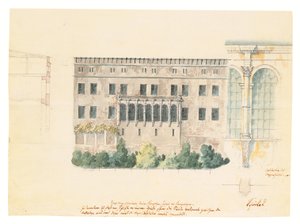 Un design pour un nouvel escalier pour la façade nord du Schloss à Stettin, avec une étude subsidiaire de la loggia, une coupe transversale de la façade et un pilastre engagé - Karl Friedrich Schinkel