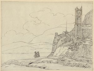 Paysage montagneux avec ruines de tour et figures - Karl Friedrich Schinkel
