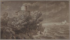 Côte rocheuse avec un phare de style antique par mer agitée - Karl Friedrich Schinkel