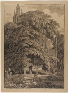 Église gothique derrière un bosquet de chênes avec des tombes