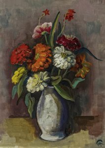 Nature morte avec bouquet de zinnias dans un vase