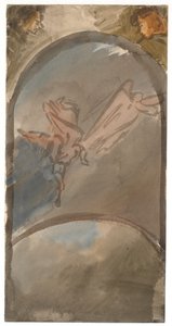Composition avec deux anges soufflant dans des trompettes au-dessus du globe terrestre