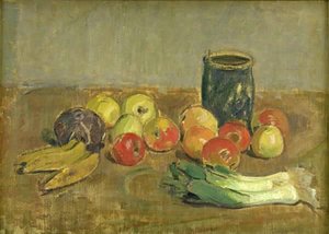 Nature morte. Pommes, poireaux, bananes et pot vert