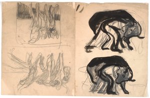 T.v : deux esquisses de composition avec une personne courbée sous un animal ressemblant à un ours. T.h. : deux esquisses de composition avec plusieurs figures