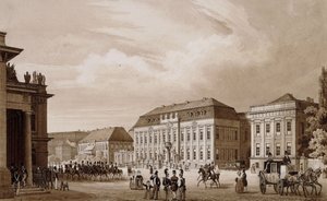 Unter den Linden, Berlin. Vue de la Neue Wache vers le Kronprinzenpalais avec le Prinzessinenpalais à droite et la Kommandatur à gauche - Karl Loeillot Hartwig