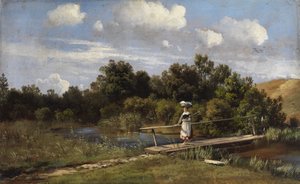 Paysage estival avec une blanchisseuse sur un pont - Karl Millner