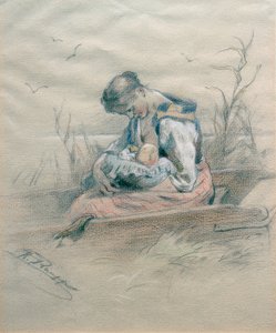 Femme allaitante dans une barque au bord du lac de Chiemsee