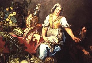 Nature morte de cuisine avec fruits, légumes et une fille tenant un poulet