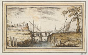 Passerelle avec bastion et navires au loin