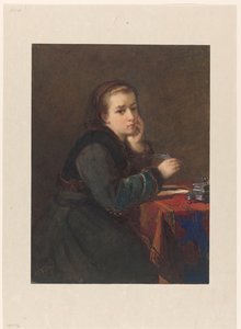 Fille, assise écrivant à une table - Kate Bisschop Swift