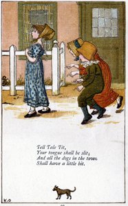 Tell tale tit / Ta langue sera fendue : Illustration de Kate Greenaway (1846-1901) pour un livre de comptines. Chromolithographie