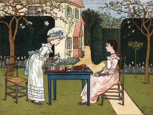 Moment de la journée : deux jeunes filles dégustant dans un jardin. Illustration de Kate Greenaway (1846-1901) du livre de contes et comptines pour enfants "Under The Window" (1879), édité par Edmund Evans.