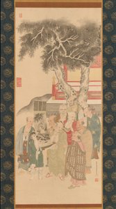 Dix Rakan examinant une peinture de Kannon en robe blanche, 1792 - Kato Nobukiyo