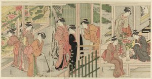 Femmes admirant des pivoines
