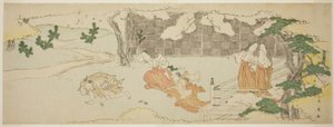 Court Ladies on a Balcony Watching a Woman and a Girl Chasing a Man in the Yard under Blossoming Cherry Trees (dames de cour sur un balcon regardant une femme et une fille poursuivant un homme dans la cour sous des cerisiers en fleurs)