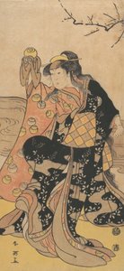 Le quatrième Iwai Hanshiro en femme tenant une boule de cristal et dansant sur la rive - Katsukawa Shun