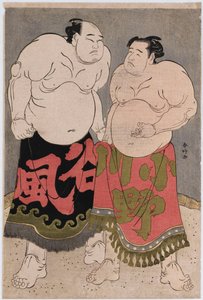 Portraits en pied des lutteurs Onogawa Kisaburo, à droite, et Tanizake Kajinosuke, à gauche